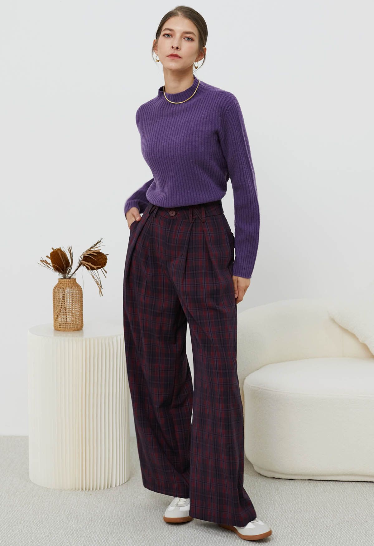 Elemental Mock Neck Long-Sleeve Wool Sweater in Purple