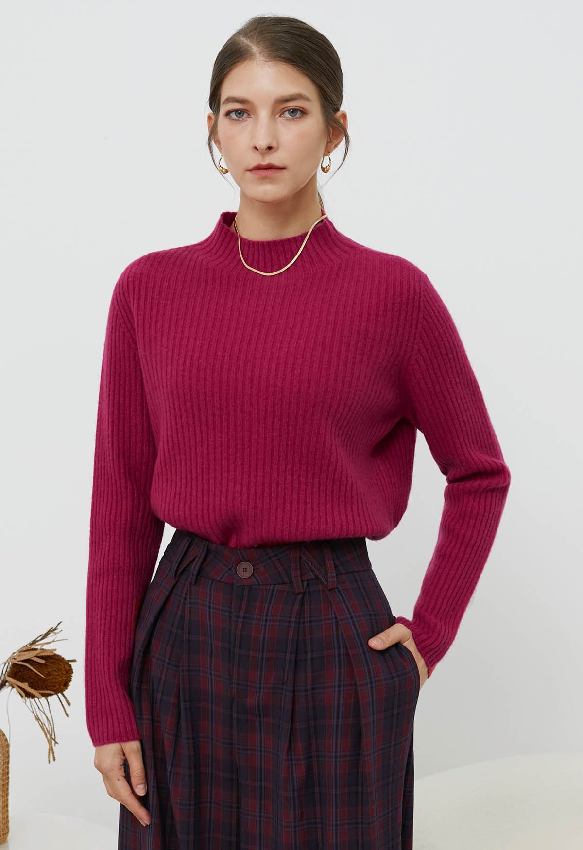 Elemental Mock Neck Long-Sleeve Wool Sweater in Magenta