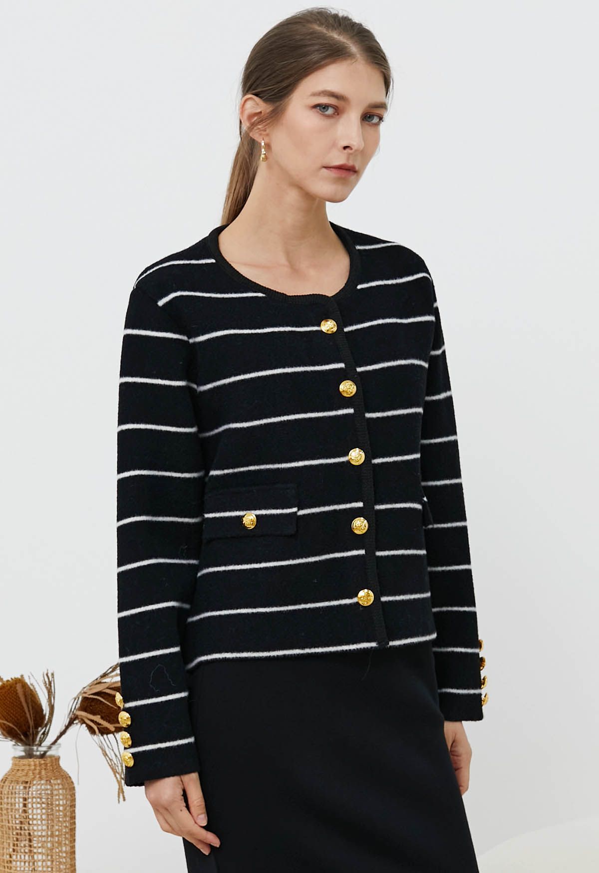 Contrast Stripes Button Down Cardigan in Black