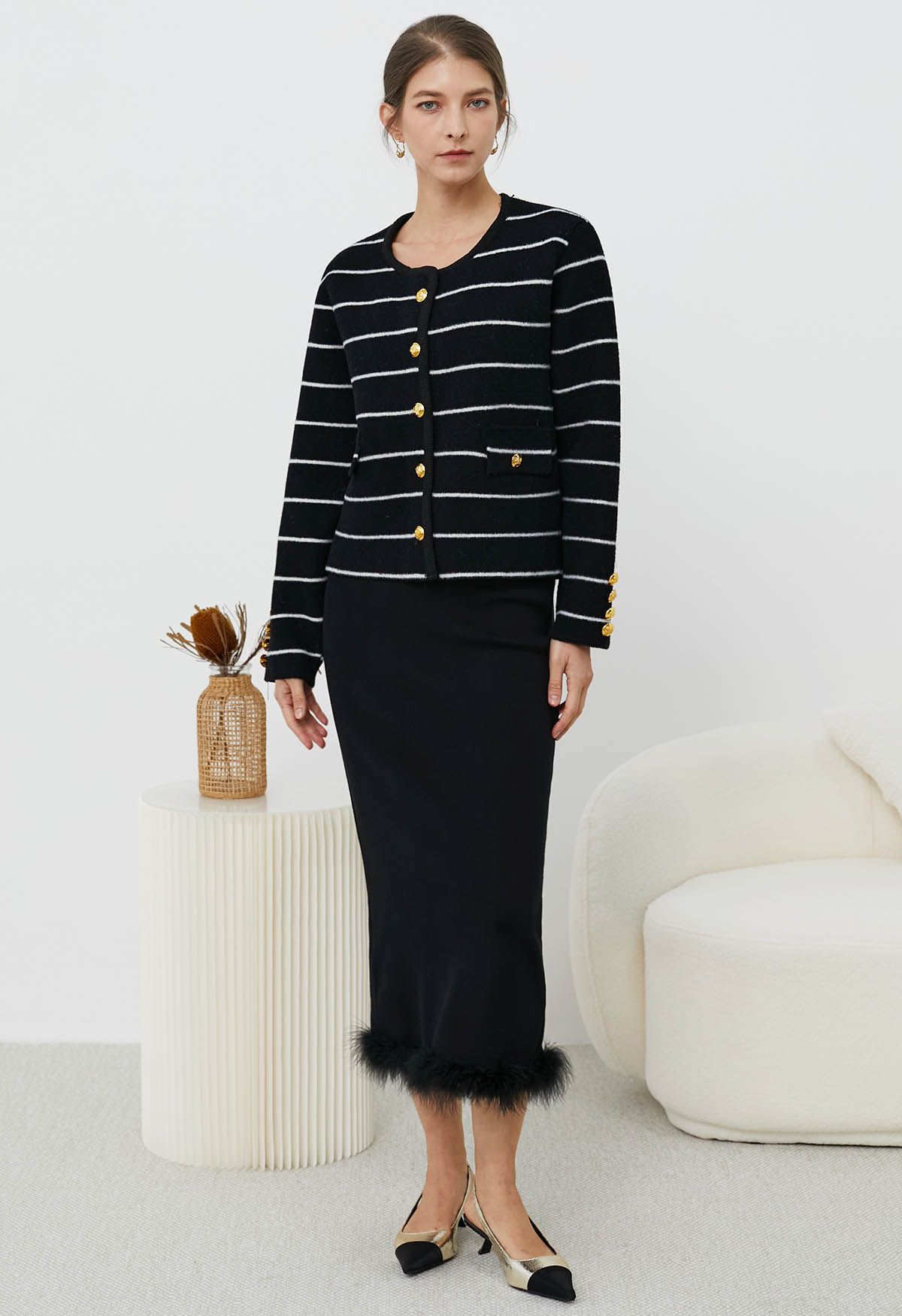 Contrast Stripes Button Down Cardigan in Black