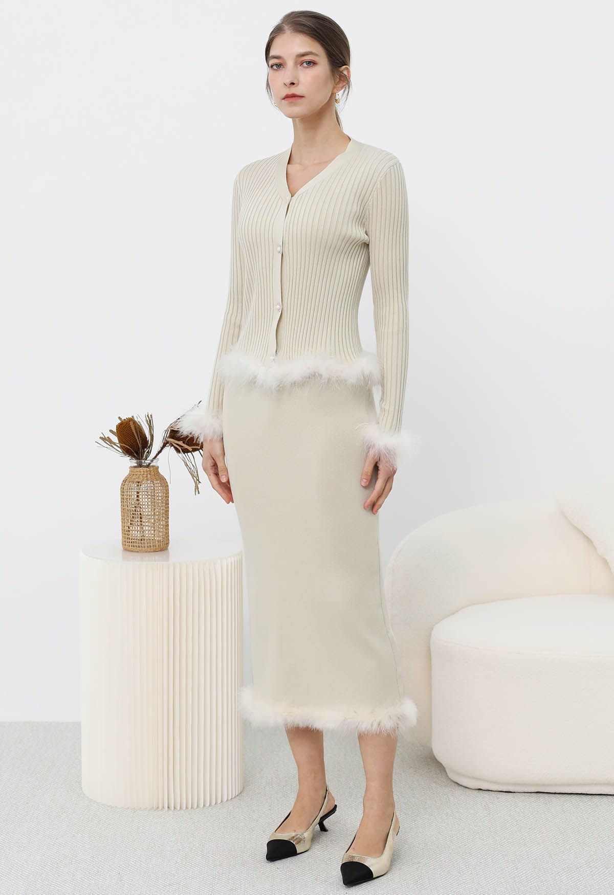 Feather Trim Button Knit Top and Midi Skirt Set in Ivory