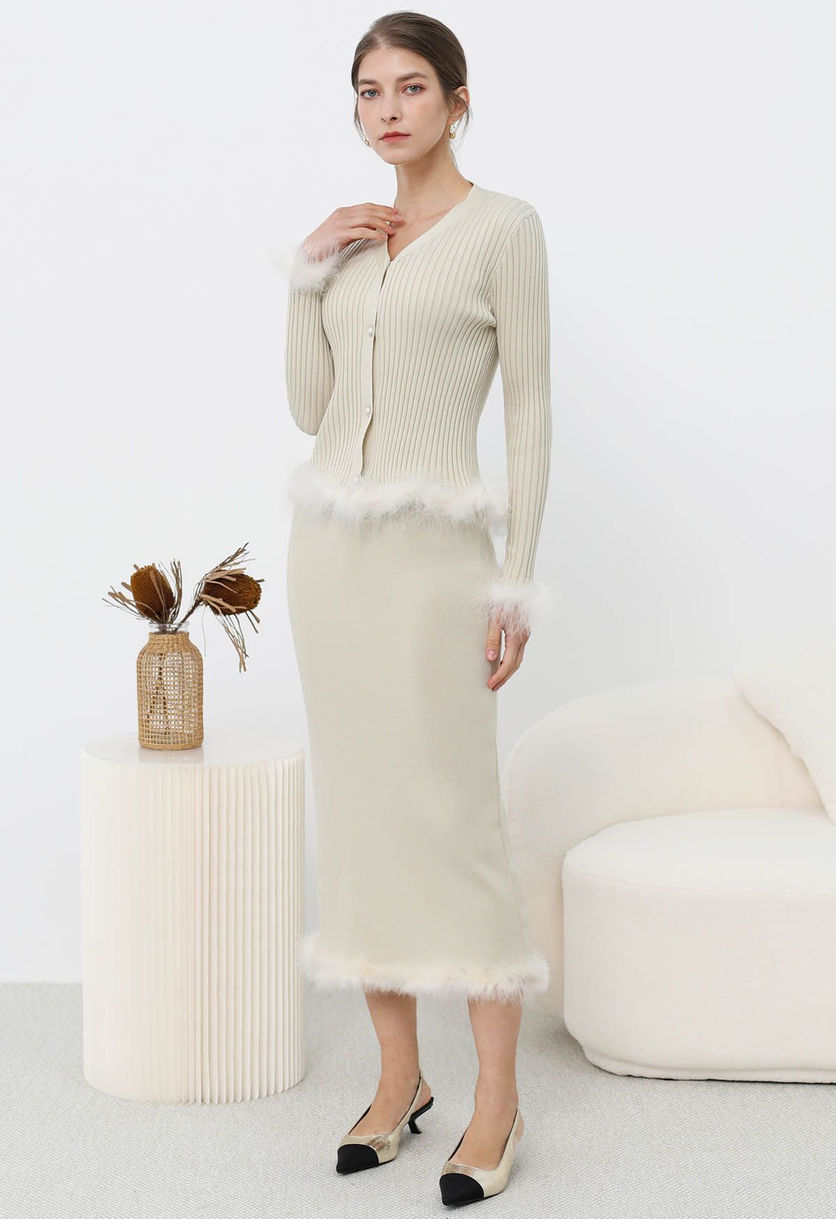 Feather Trim Button Knit Top and Midi Skirt Set in Ivory