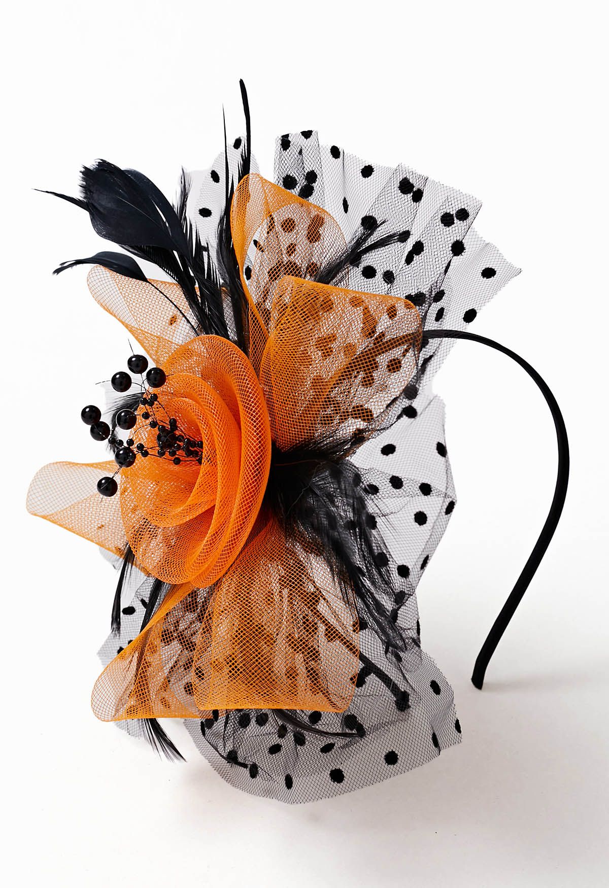 Polka Dot Mesh Headband with Hair Clip in Orange