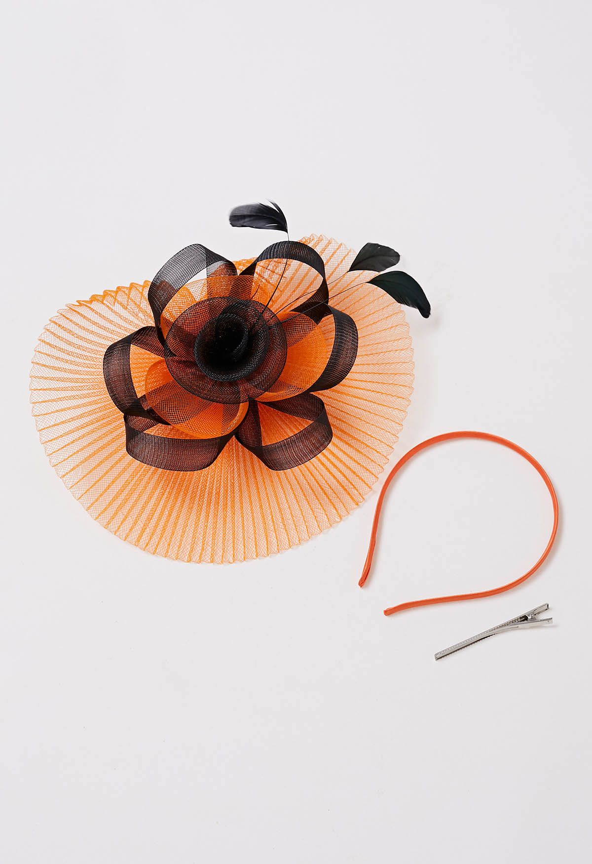 Pleated Mesh Flower Headband with Hair Clip in Orange