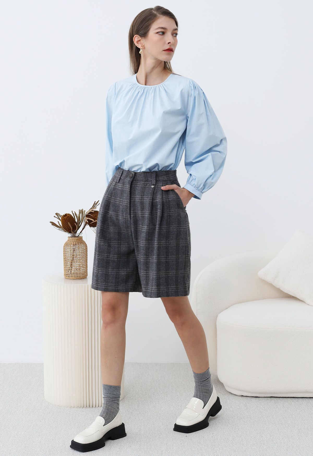 Throwback Plaid Wool-Blend Shorts in Grey