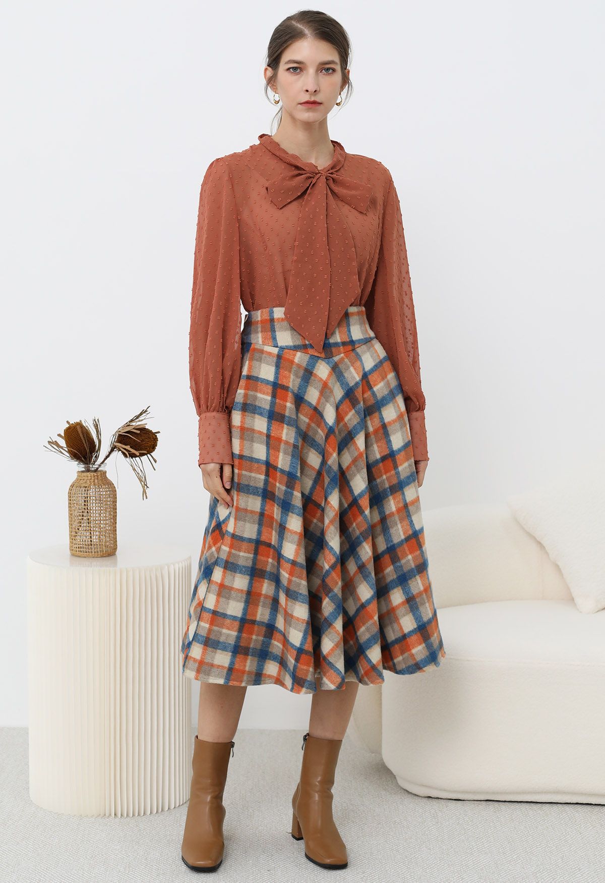 Plaid Melody Side Pocket Midi Skirt