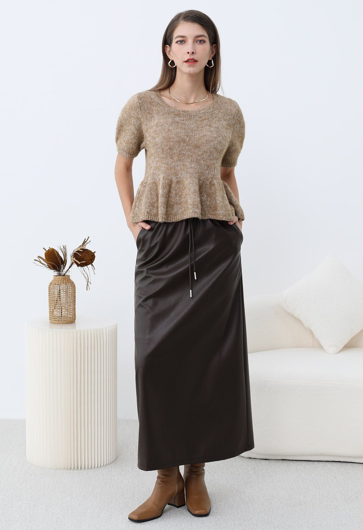 On-Duty Faux Leather Drawstring Shift Skirt in Chocolate