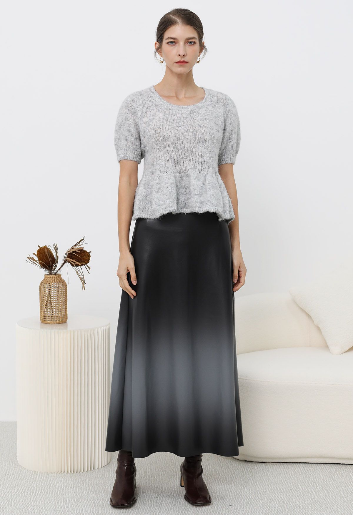 Ombre Faux Leather Maxi Skirt in Grey