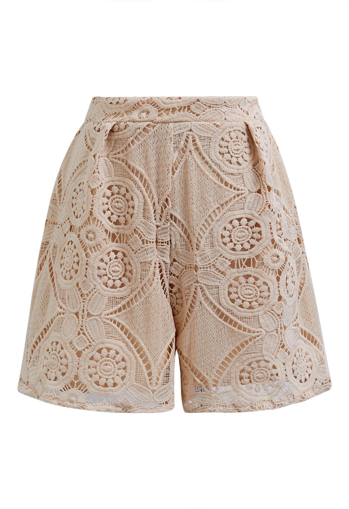 Guipure Lace Buttoned Shirt and Shorts Set in Apricot