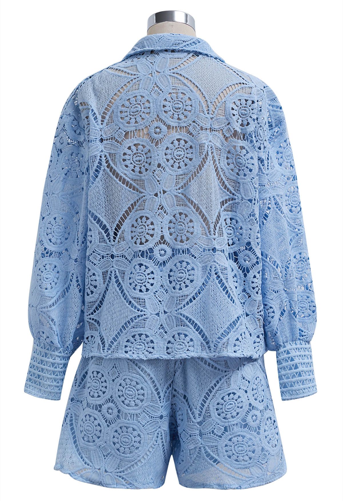 Guipure Lace Buttoned Shirt and Shorts Set in Blue