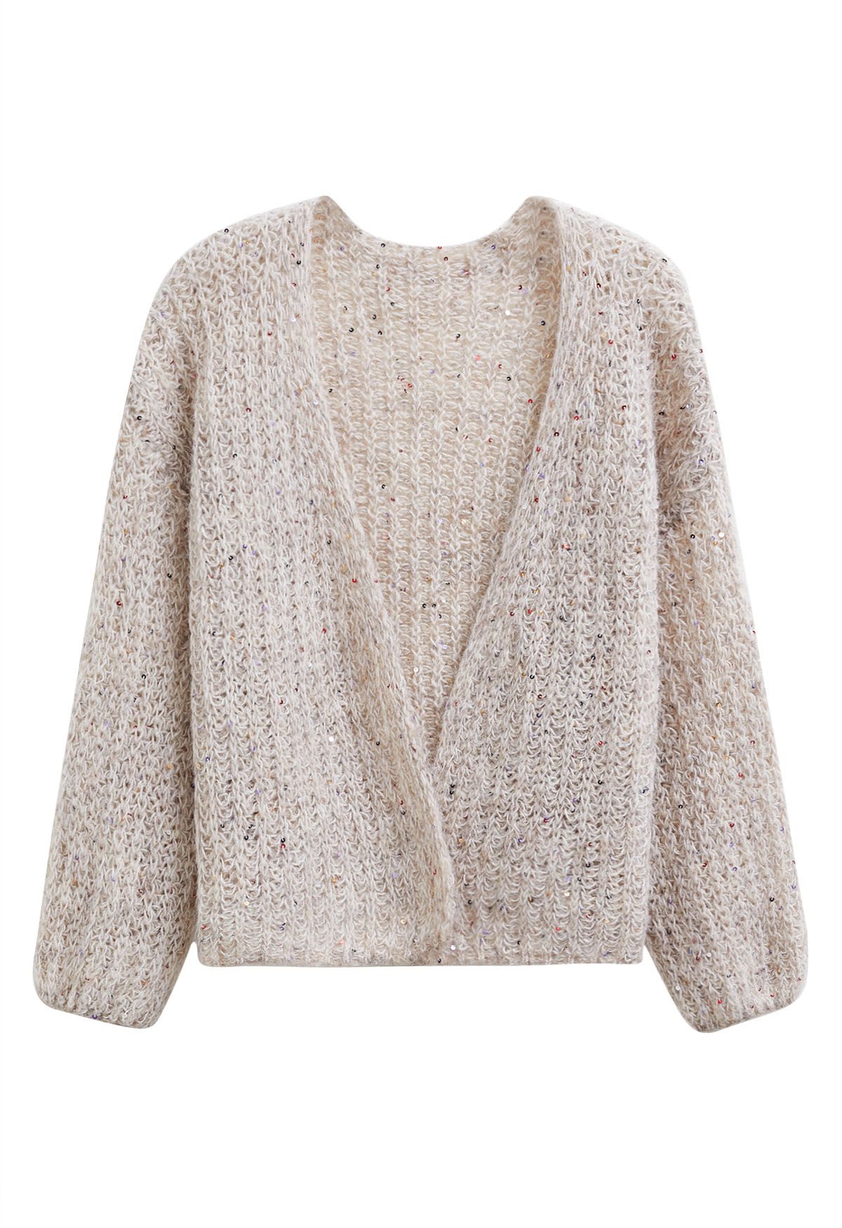 Colorful Sequin Open Front Cozy Knit Cardigan in Oatmeal