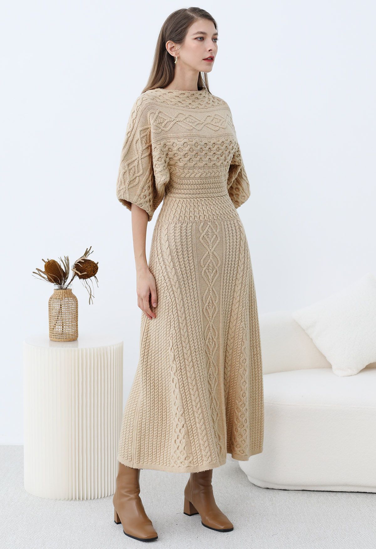 Artisanal Charm Boat Neck Cable Knit Dress