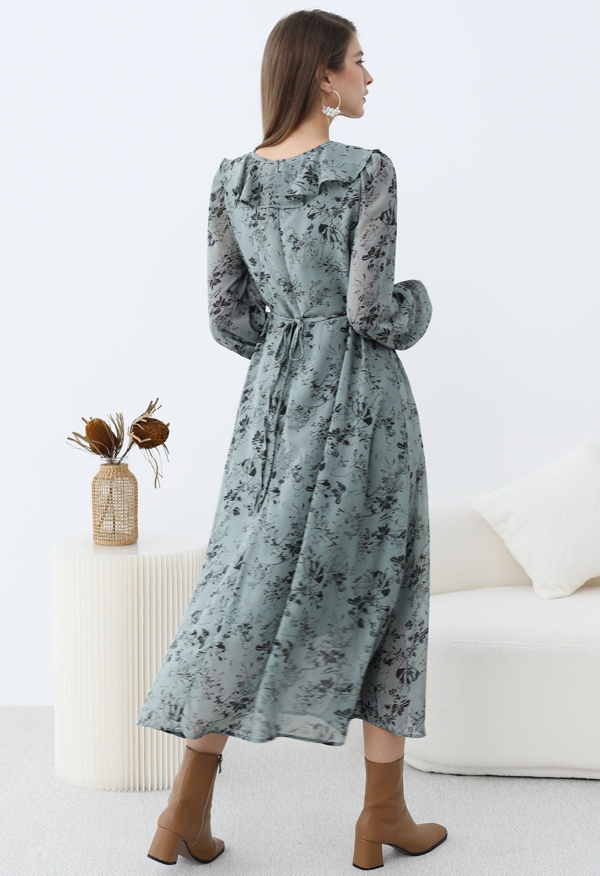 Serene Flower V-Neck Ruffle Chiffon Midi Dress in Mint