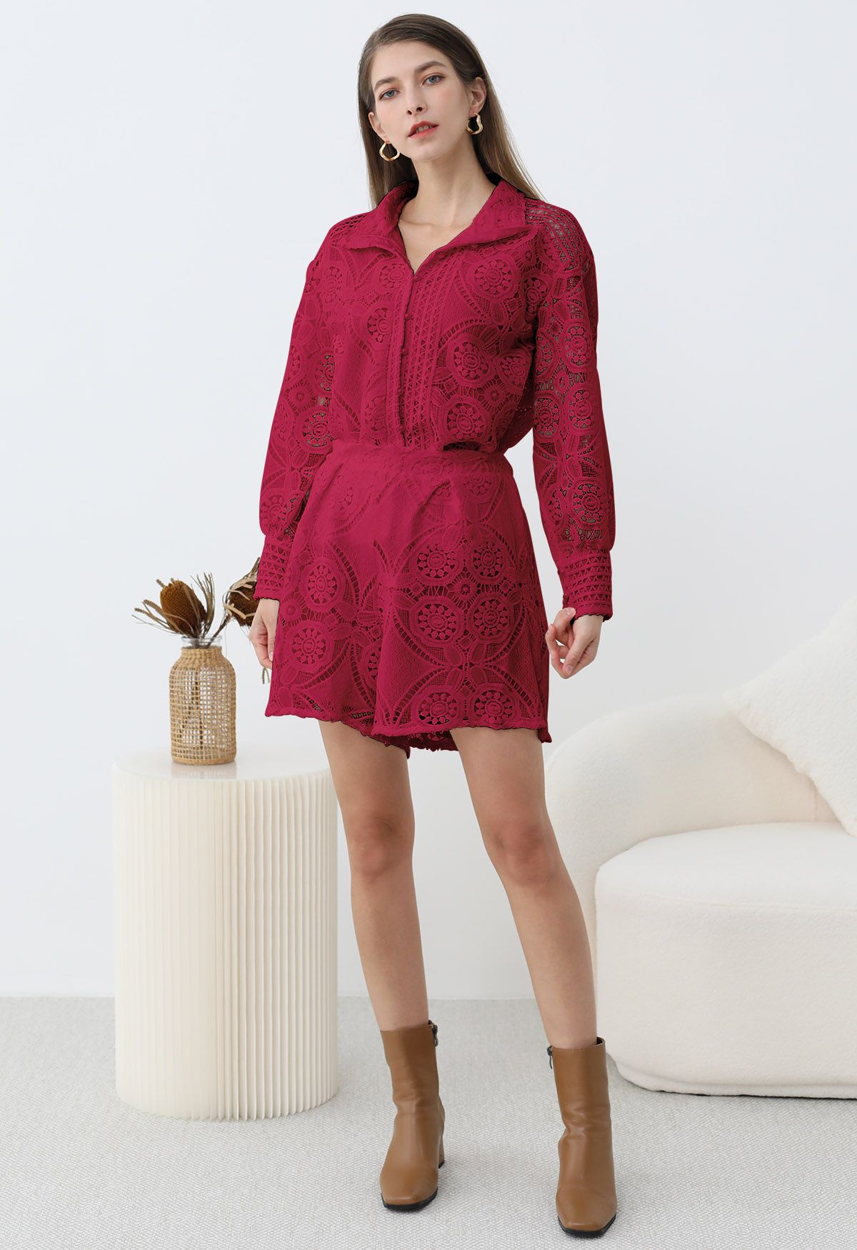 Guipure Lace Buttoned Shirt and Shorts Set in Rose Red