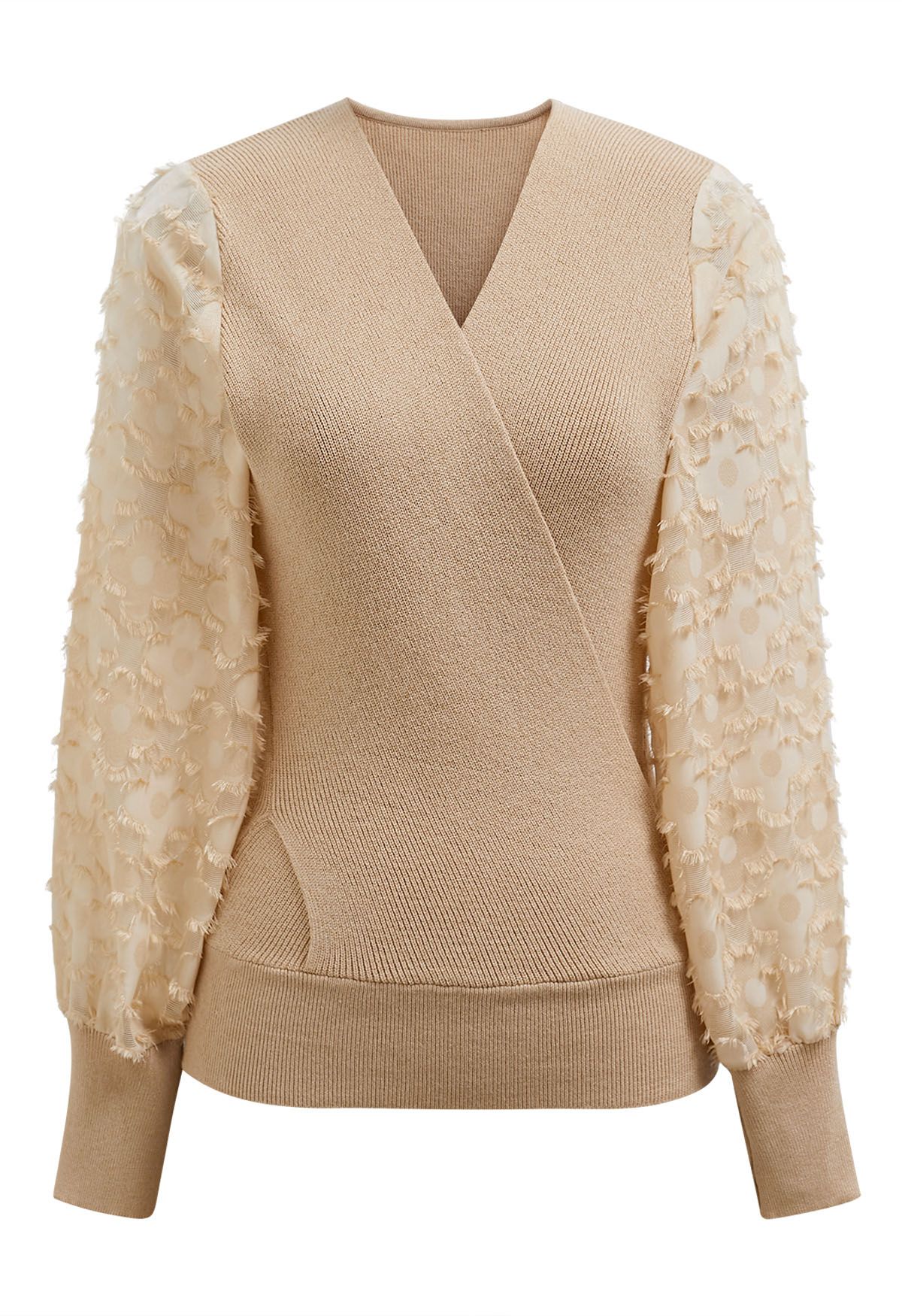 Fuzzy Floral Mesh Sleeve Spliced Faux-Wrap Knit Top in Light Tan