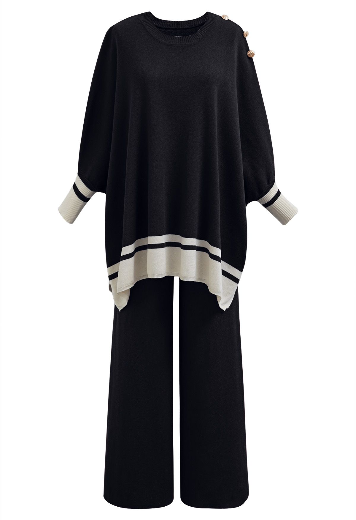 Contrast Detail Knit Poncho and Pants Set in Black