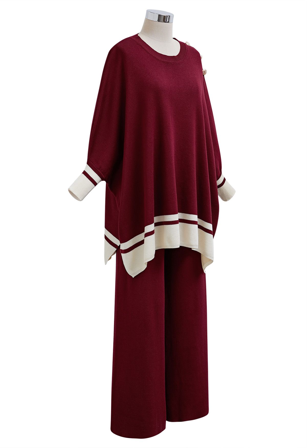 Contrast Detail Knit Poncho and Pants Set in Burgundy