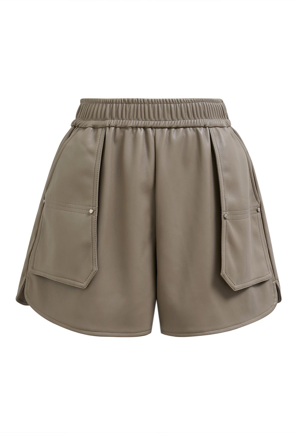 Patch Side Pocket Faux Leather Utility Shorts in Khaki