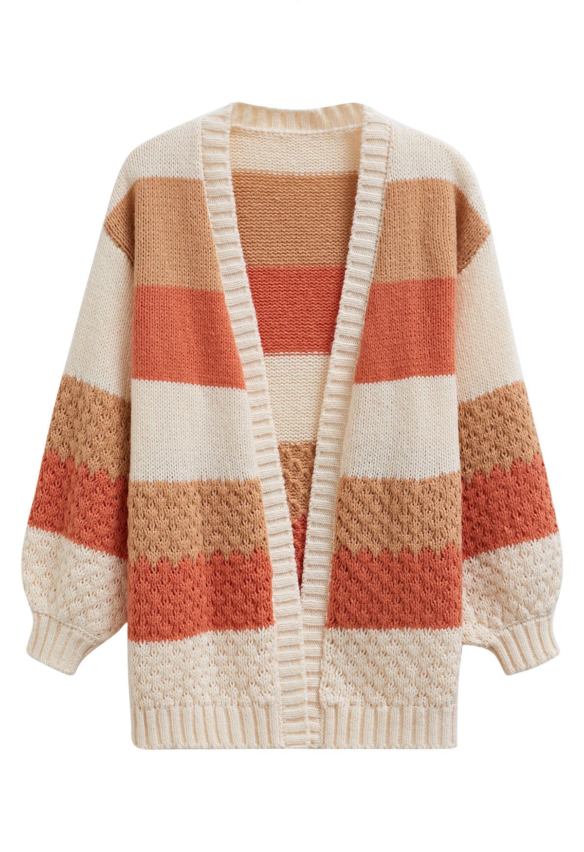 Warm Hues Color Block Puff Sleeve Knit Cardigan