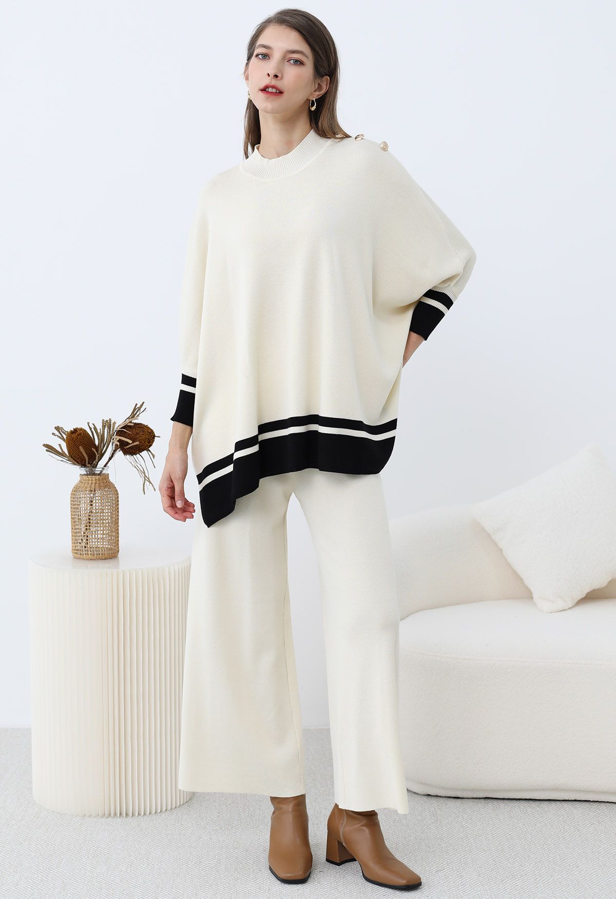 Contrast Detail Knit Poncho and Pants Set in Cream