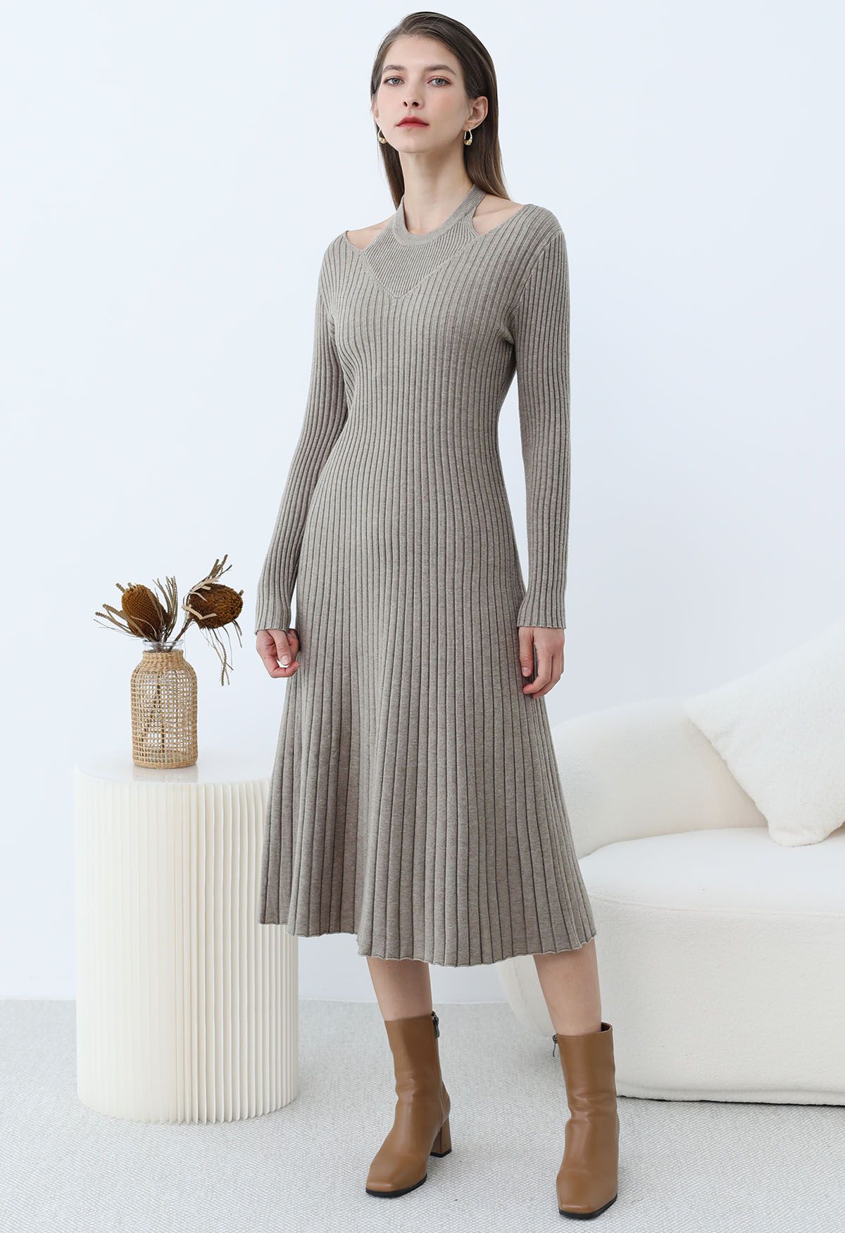 Cutout Neckline Ribbed Knit Midi Dress in Taupe