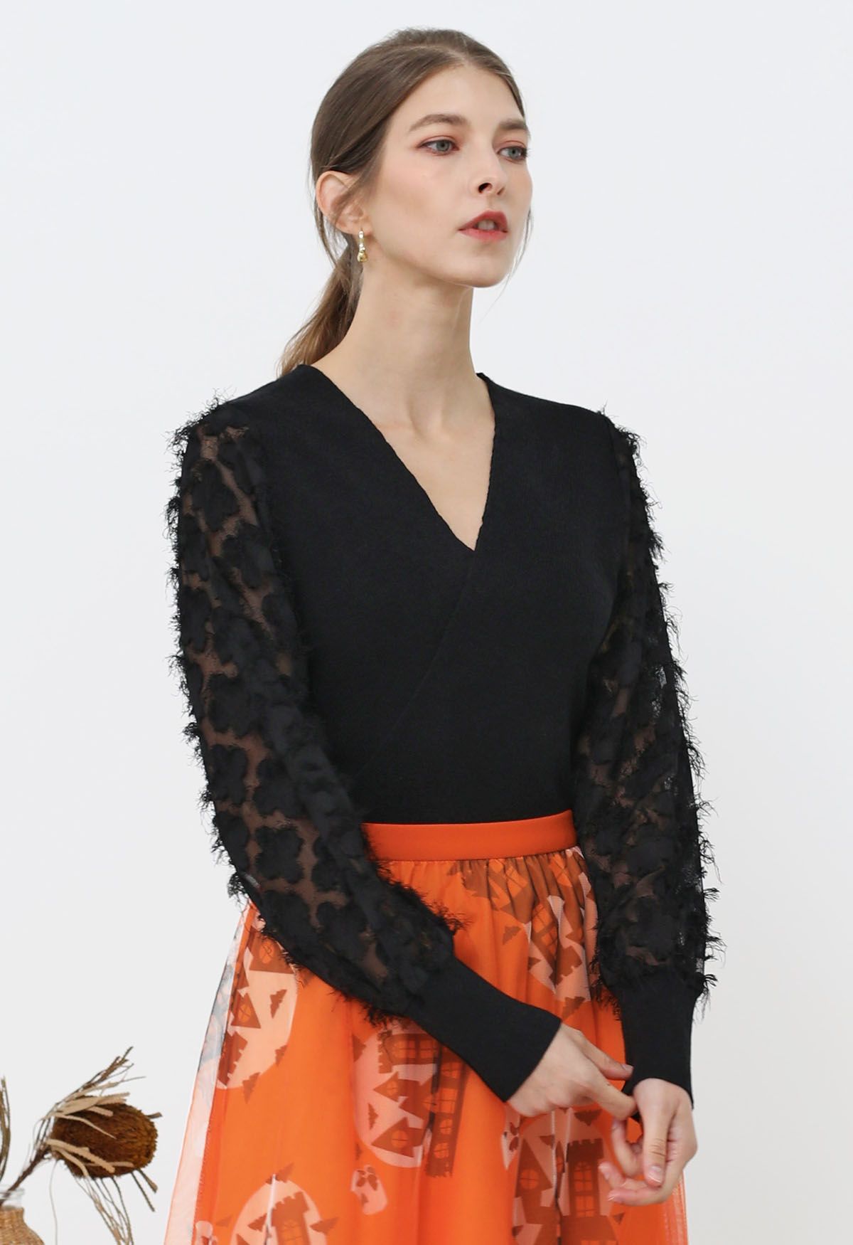 Fuzzy Floral Mesh Sleeve Spliced Faux-Wrap Knit Top in Black