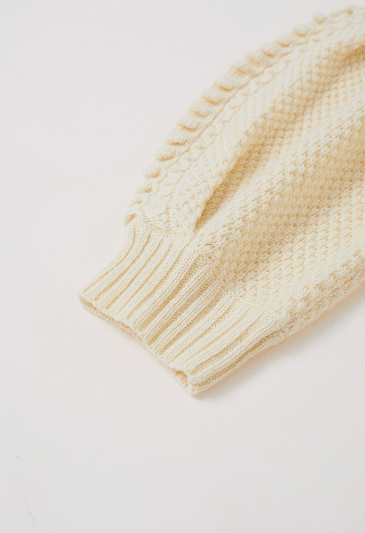 Embossed Texture Puff Sleeve Knit Sweater in Light Yellow