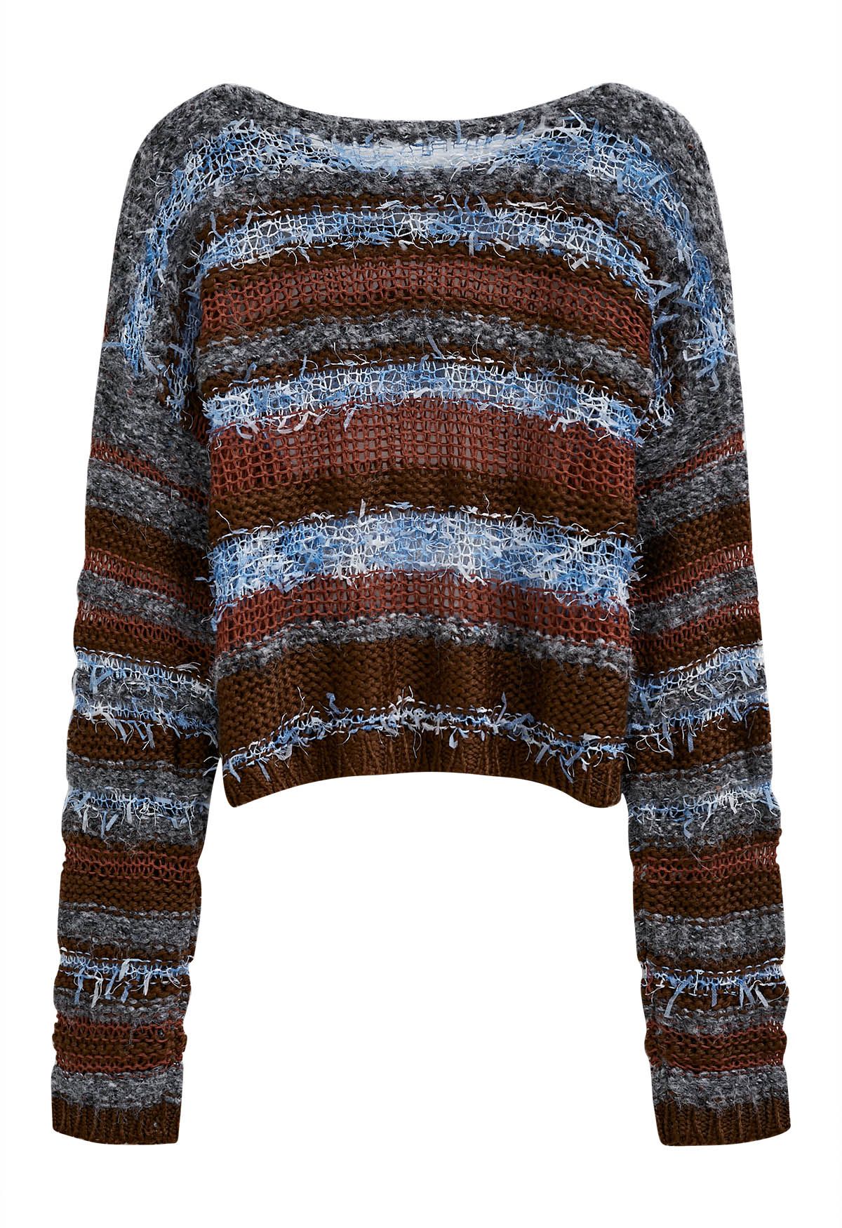 Multicolored Stripe Pointelle Fringed Knit Sweater in Burgundy