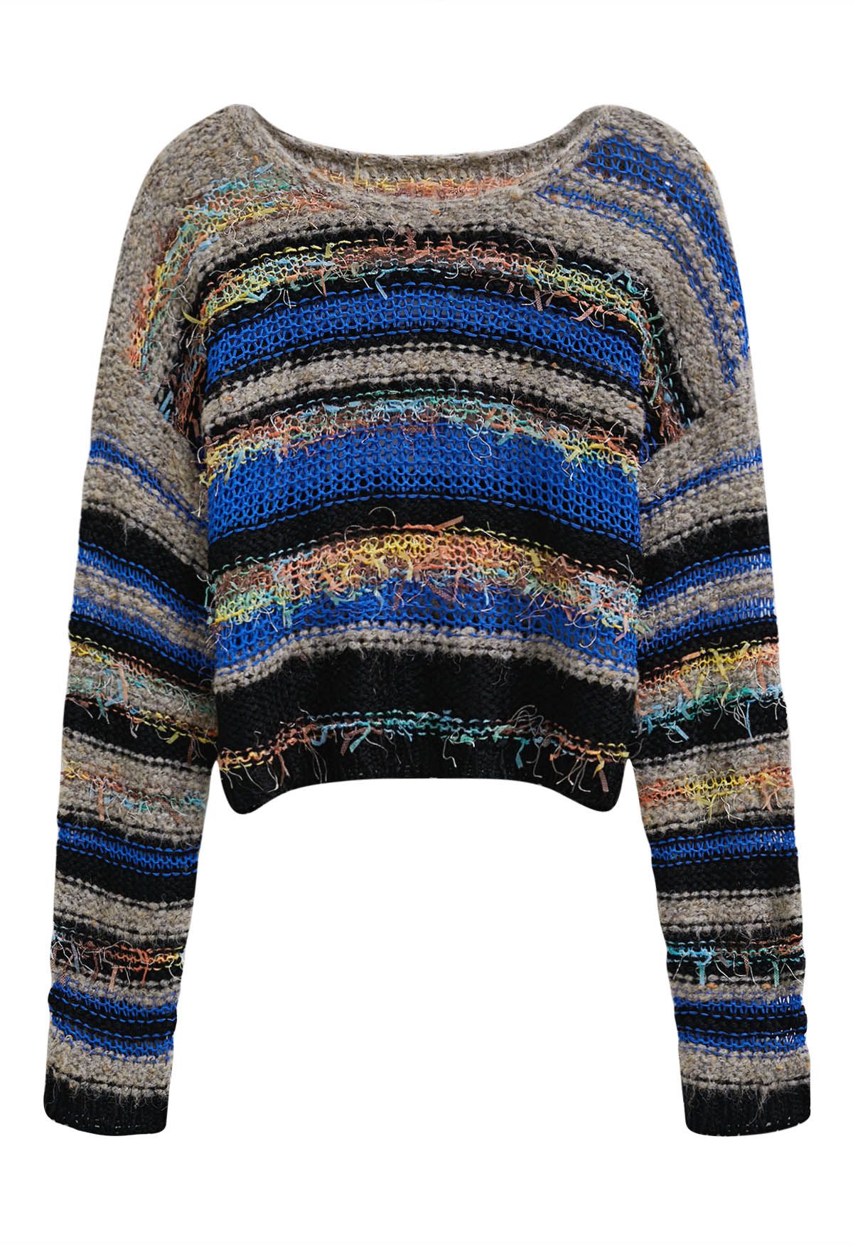 Multicolored Stripe Pointelle Fringed Knit Sweater in Black