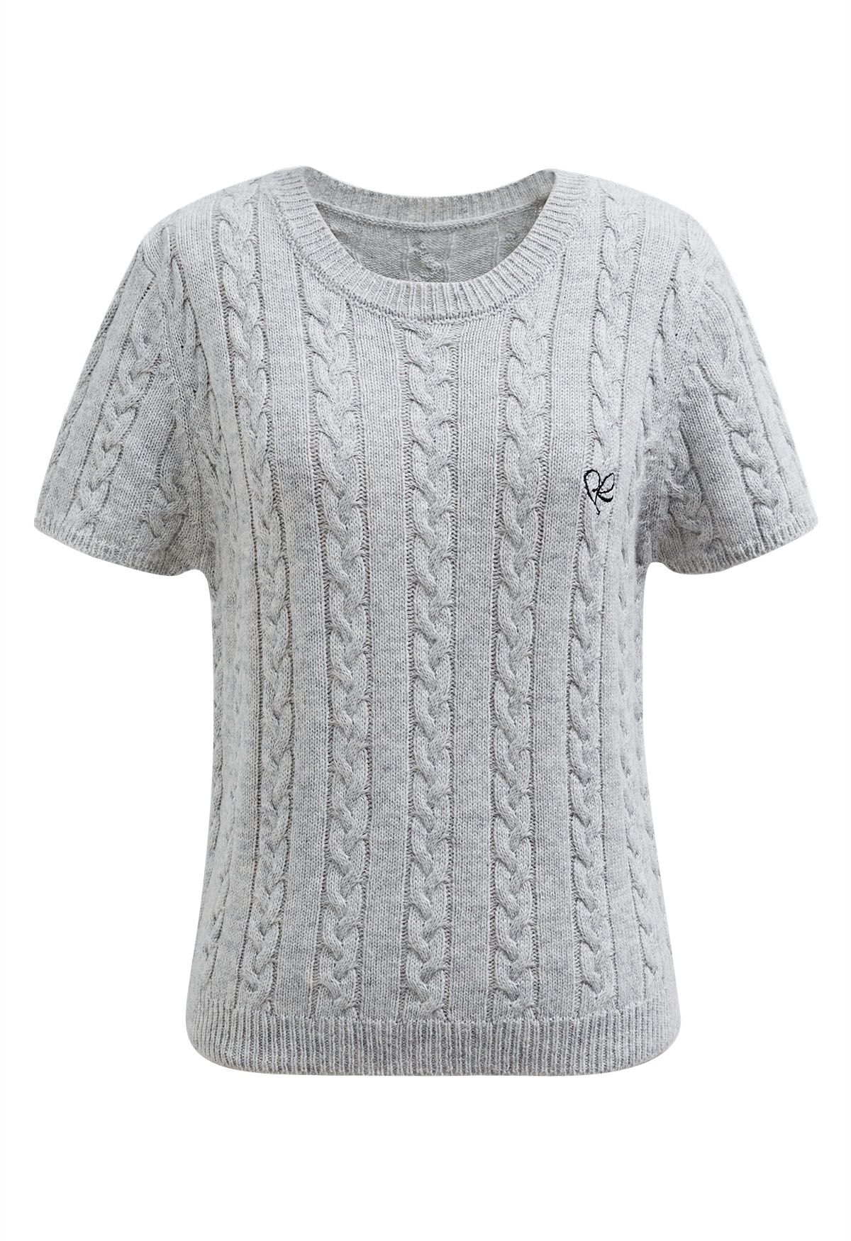 Embroidered Heart Braided Short-Sleeve Sweater in Grey