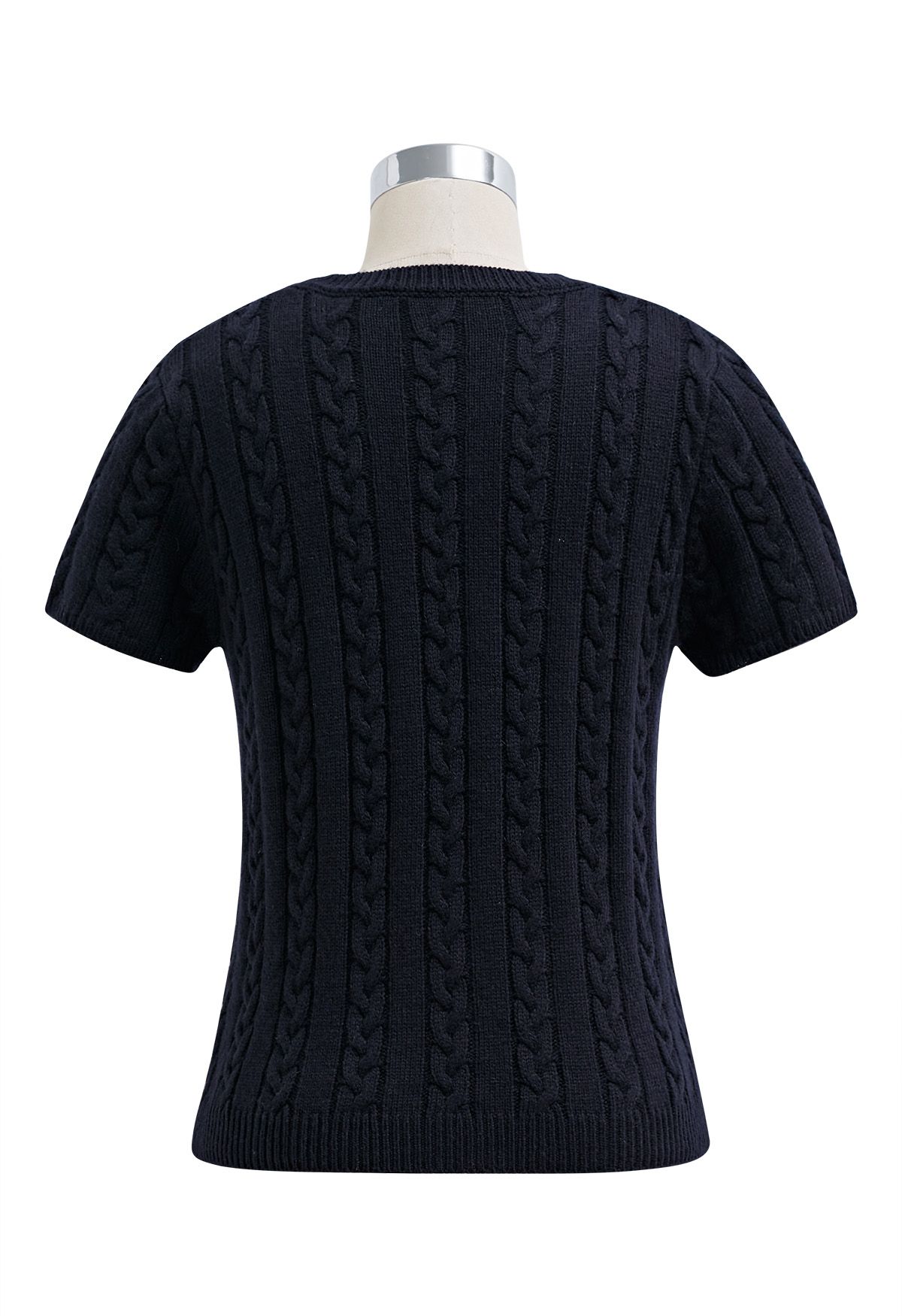 Embroidered Heart Braided Short-Sleeve Sweater in Navy