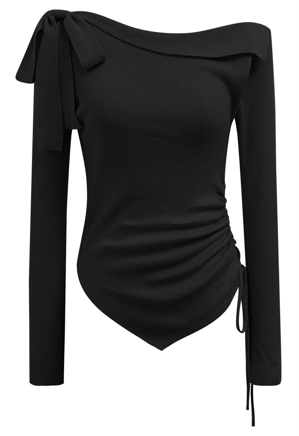 Side Bowknot Decor Drawstring Waist Knit Top in Black