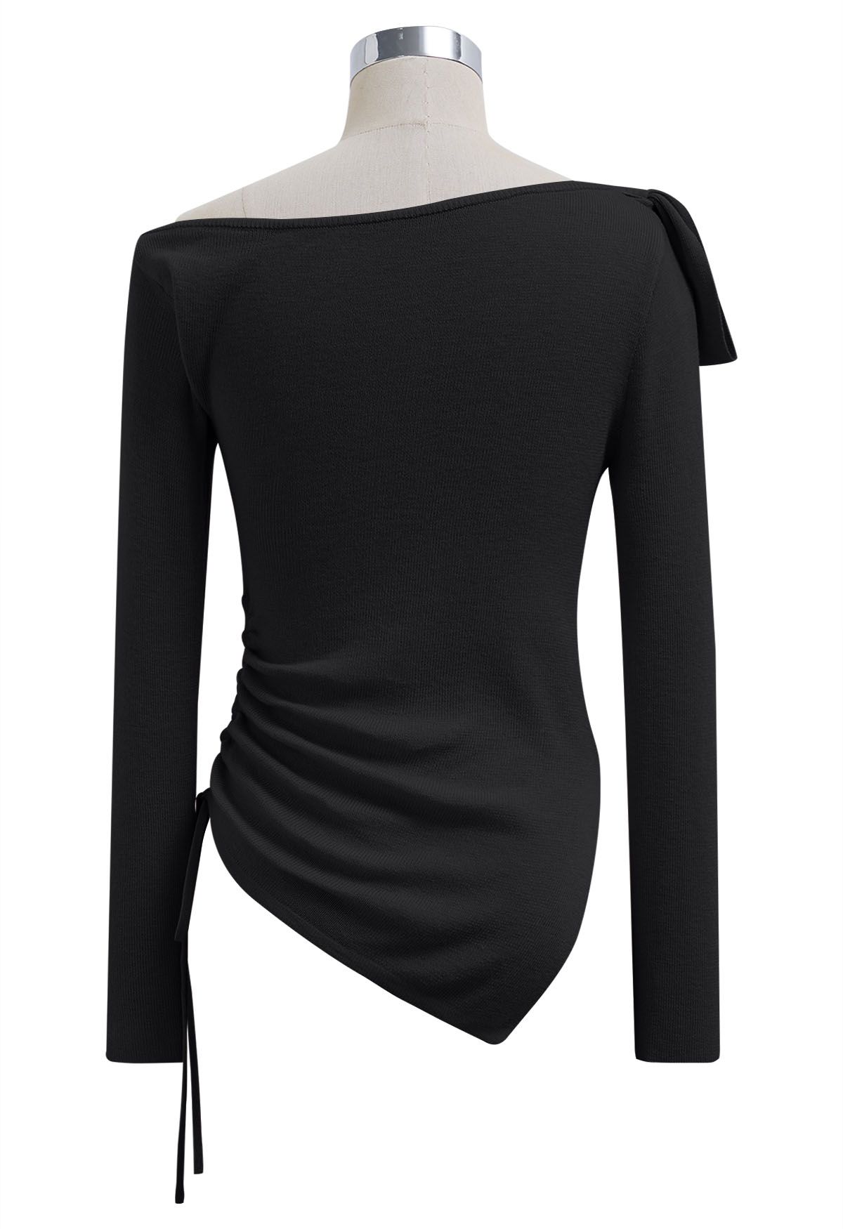 Side Bowknot Decor Drawstring Waist Knit Top in Black