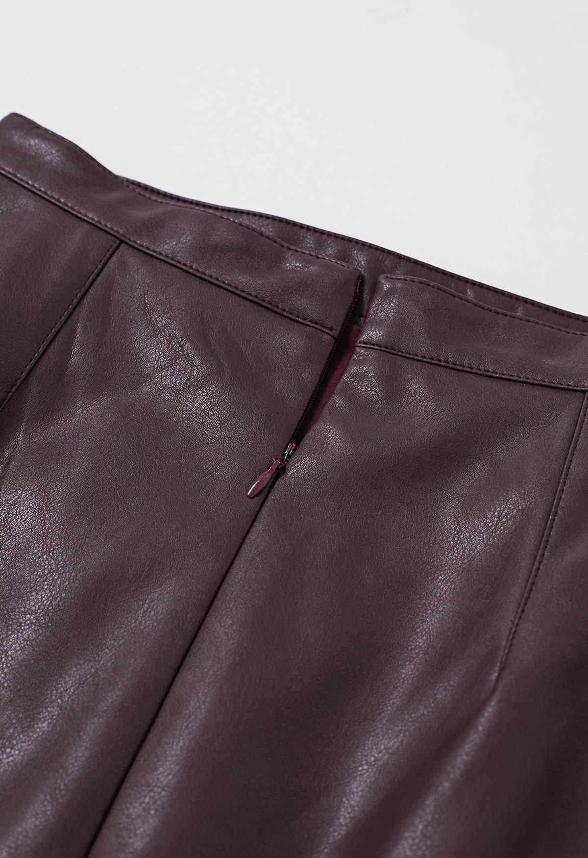 Smooth Silhouette Faux Leather Split Maxi Skirt in Burgundy