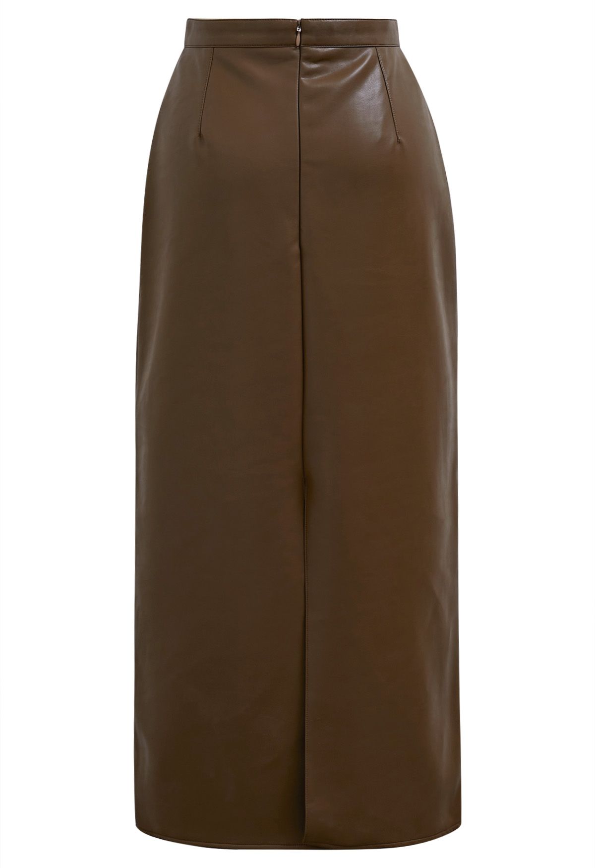 Smooth Silhouette Faux Leather Split Maxi Skirt in Brown