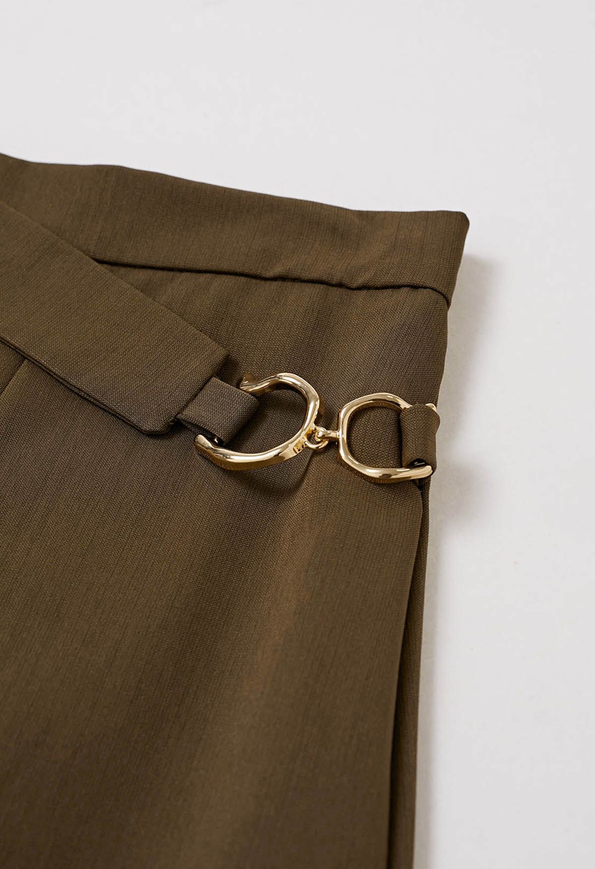 Belt Trim Asymmetry Flowy Midi Skirt in Khaki