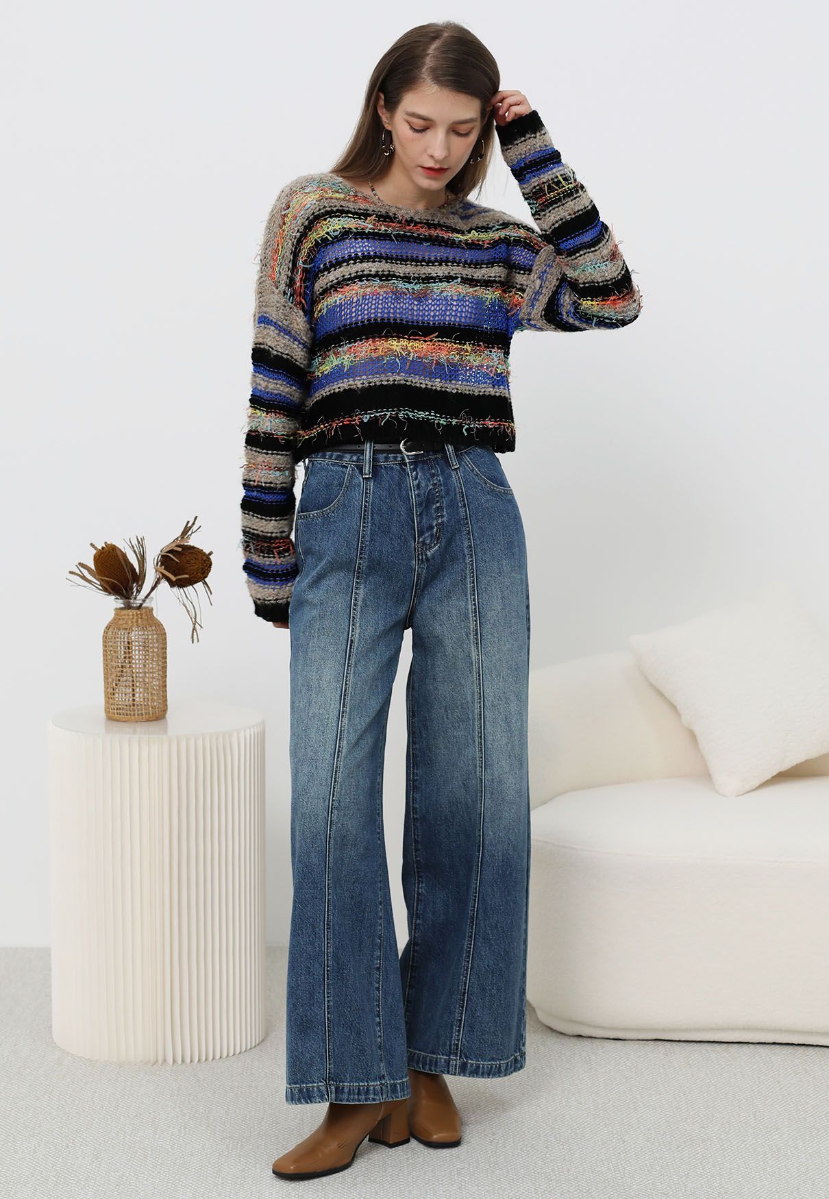 Multicolored Stripe Pointelle Fringed Knit Sweater in Black