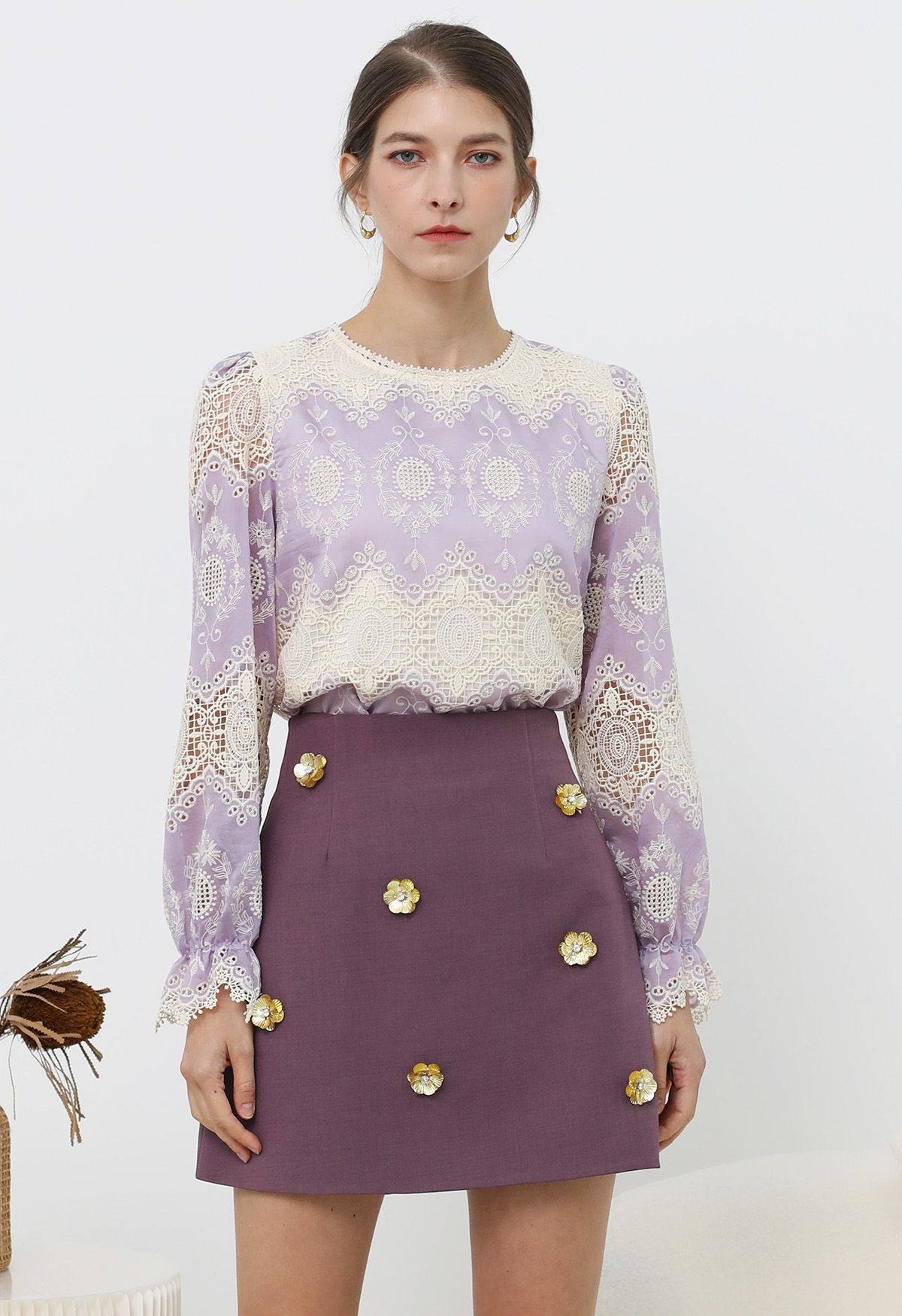 Embroidered Lace Zigzag Hemline Top in Lilac