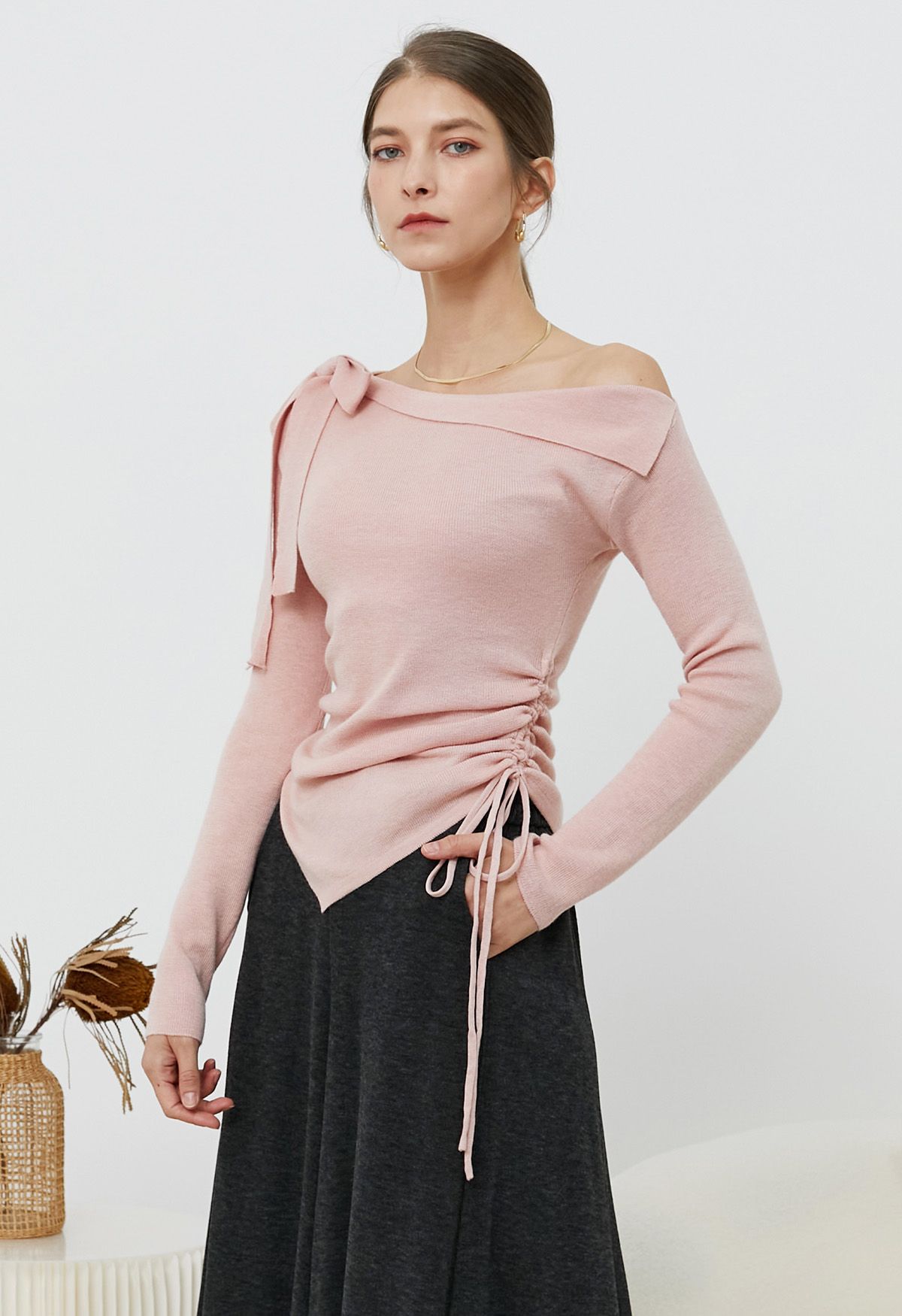 Side Bowknot Decor Drawstring Waist Knit Top in Pink