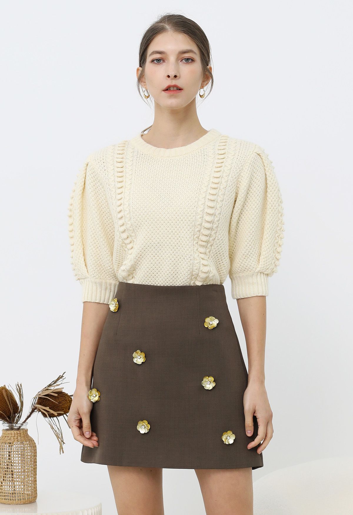 3D Golden Flower Embellished Mini Skirt in Brown