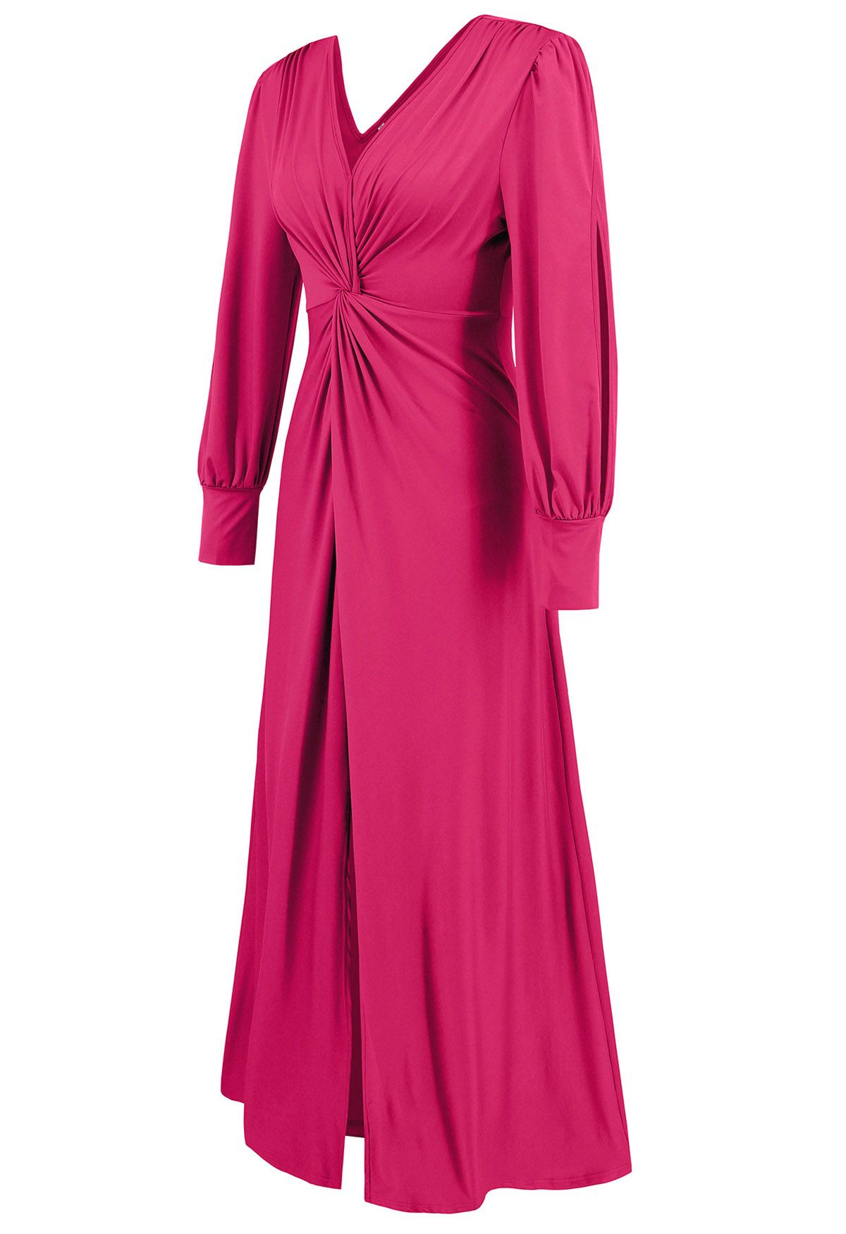 Twist Front V-Neck Cutout Sleeve Maxi Dress in Hot Pink