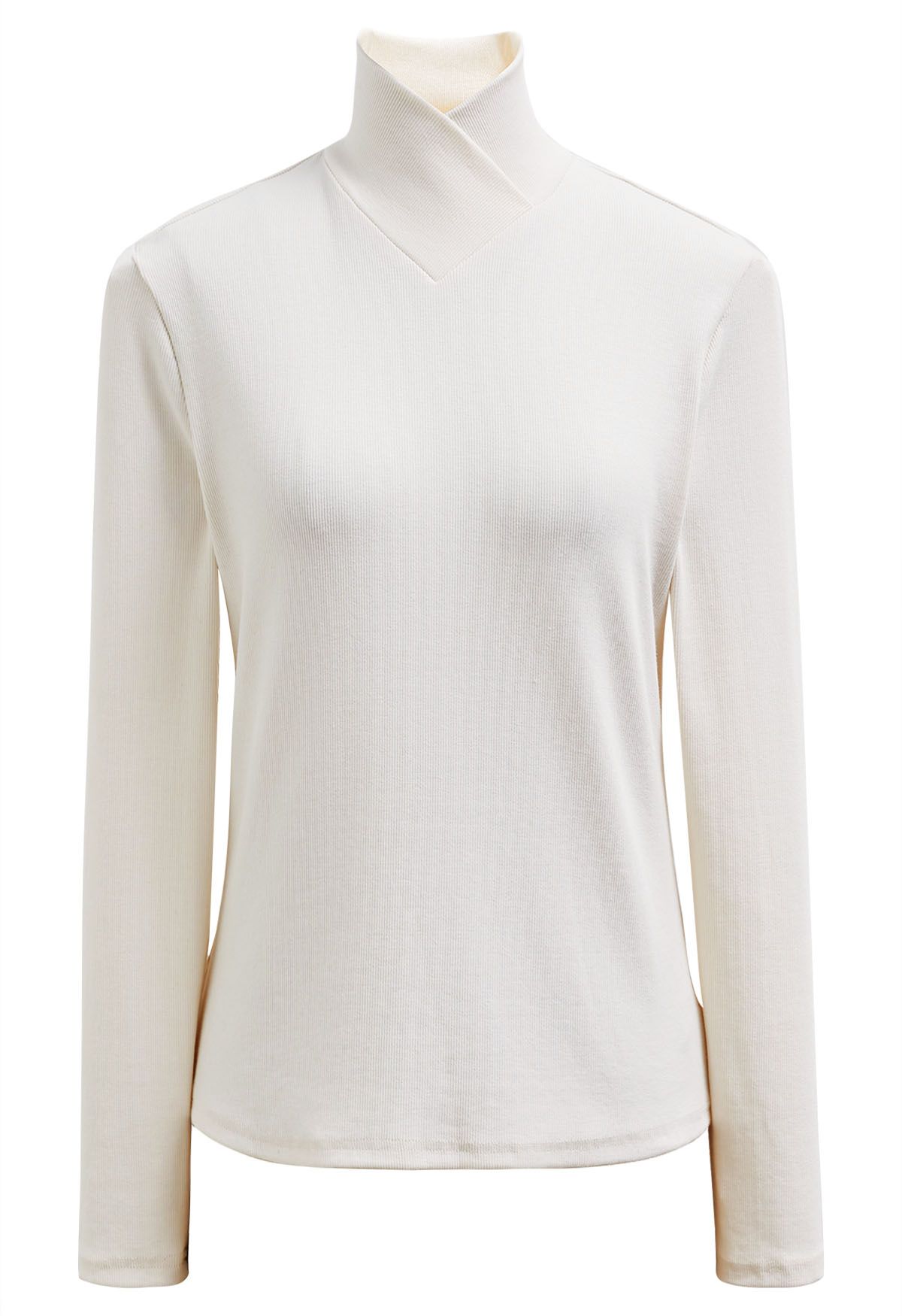 Faux-Wrap Mock Neck Long-Sleeve Top in Ivory