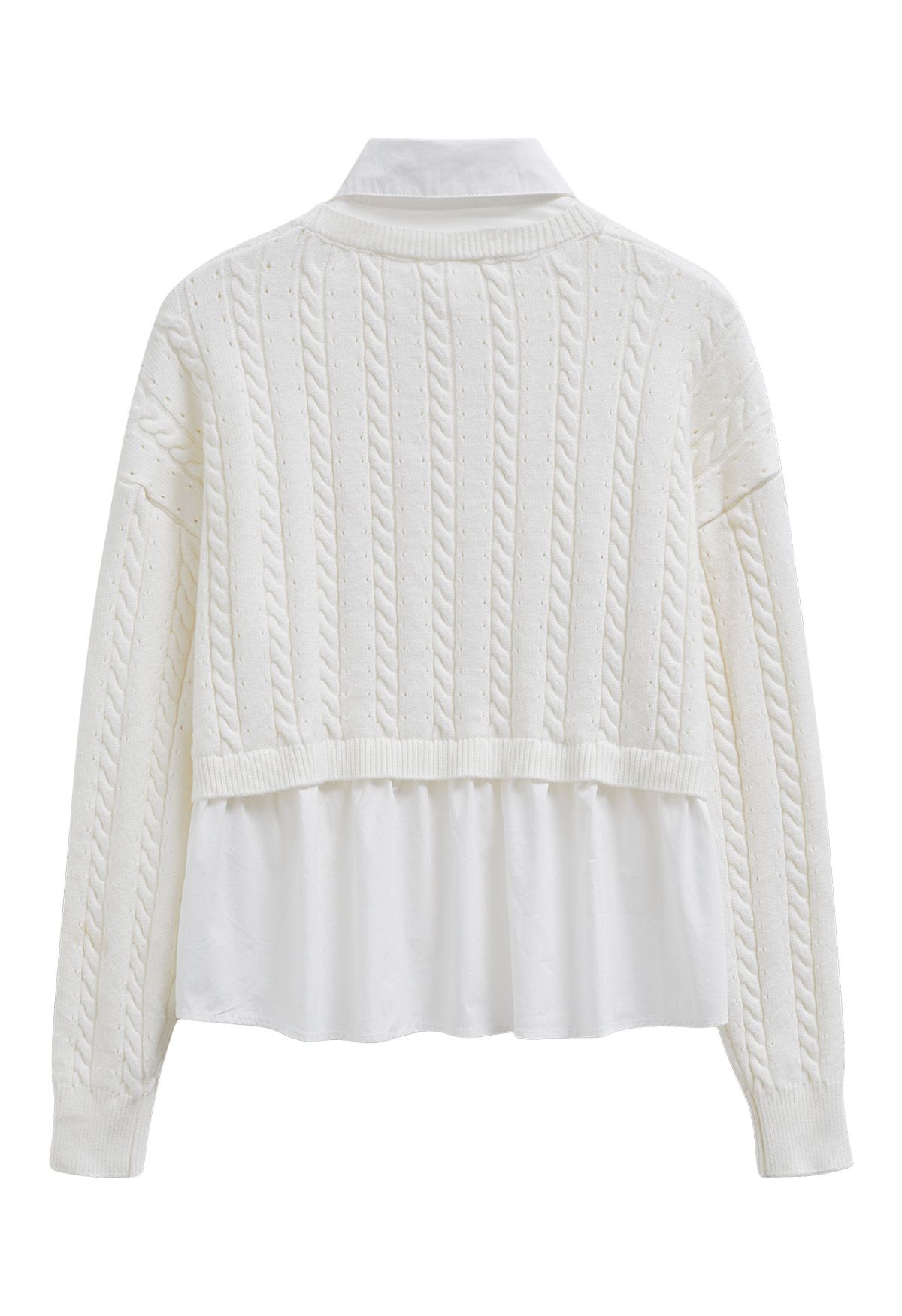 Fake Two-Piece Knit Spliced Collared Shirt in White