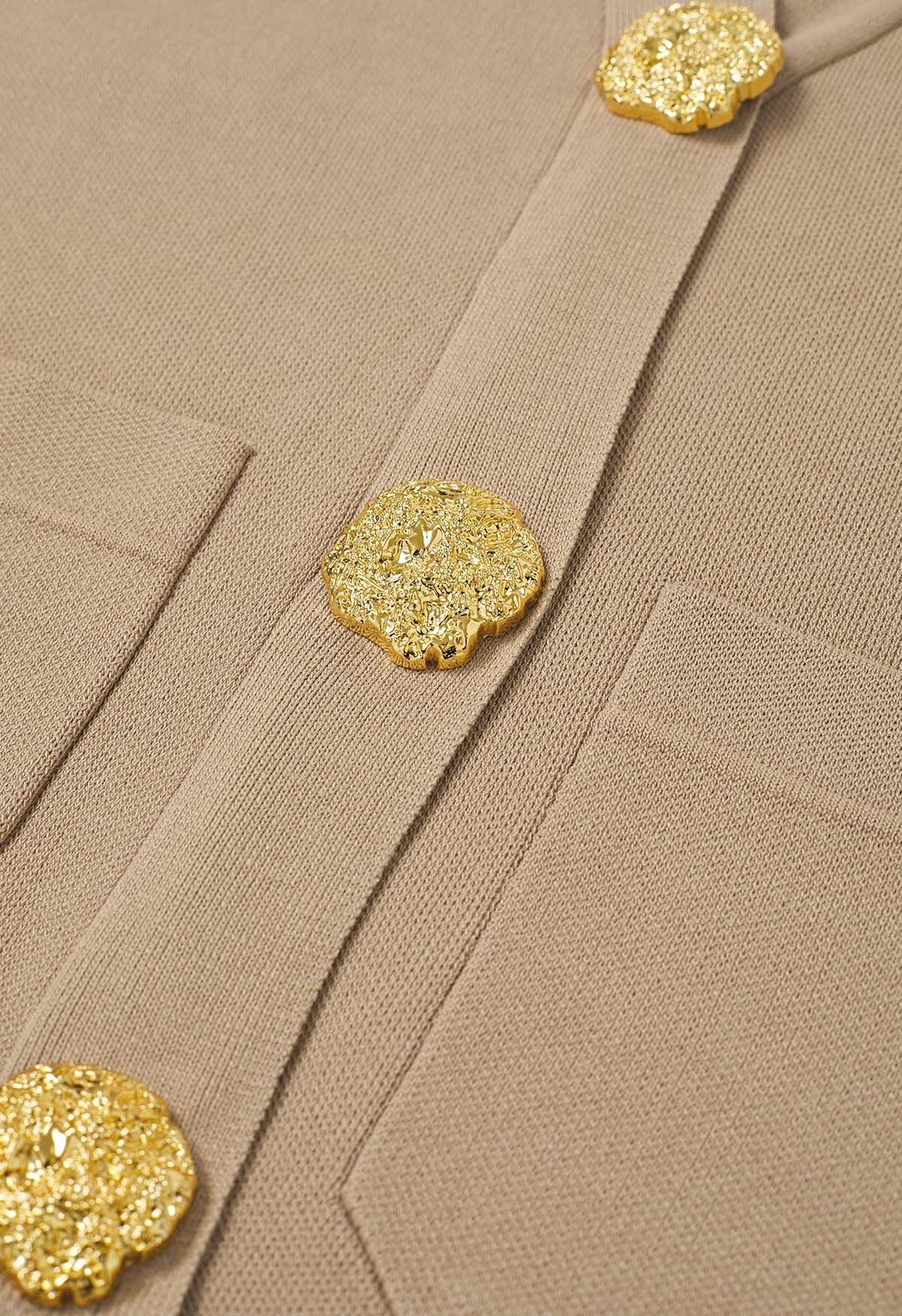 Golden Button Patch Pocket Knit Cardigan and Pants Set in Tan