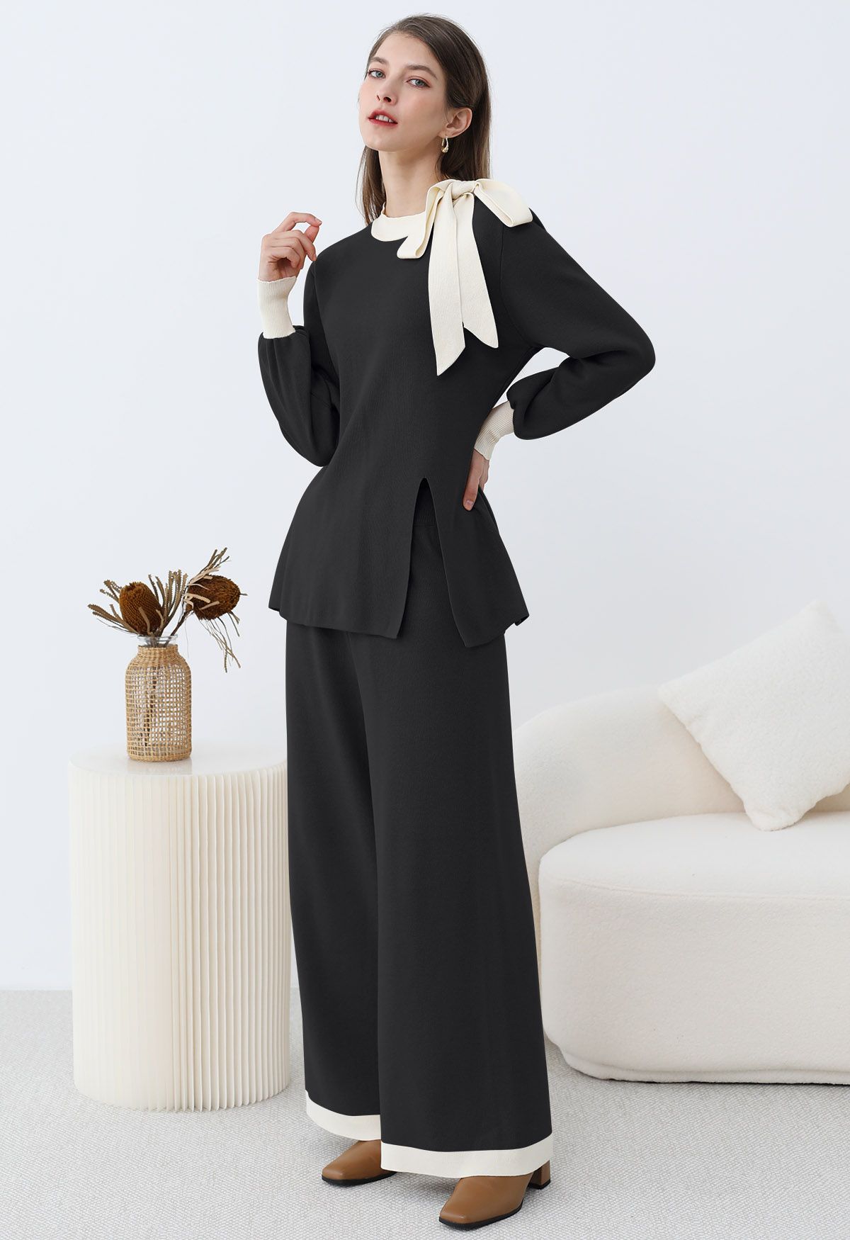 Contrast Edge Bowknot Knit Sweater and Pants Set in Black