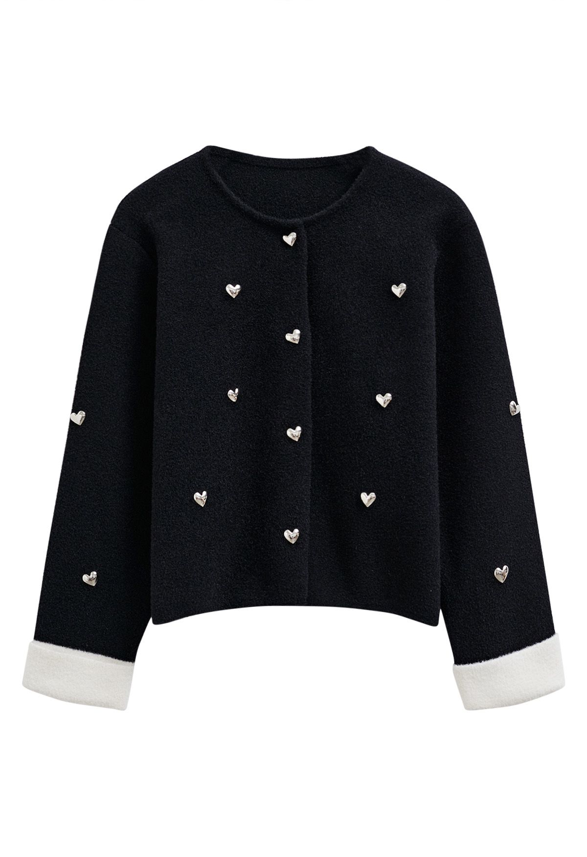 3D Heart Embellished Stud Button Contrast Cardigan in Black