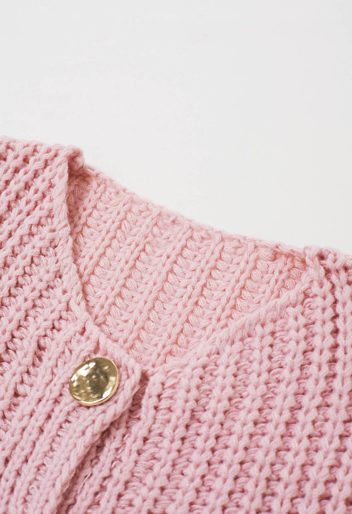 Bold Golden Buttons Patch Pocket Chunky Knit Vest in Pink