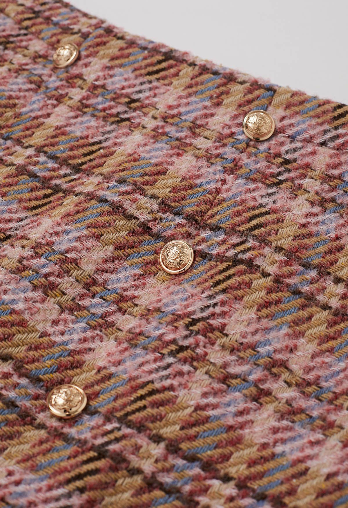 Golden Buttons Pink Plaid Wool-Blend Mini Skirt