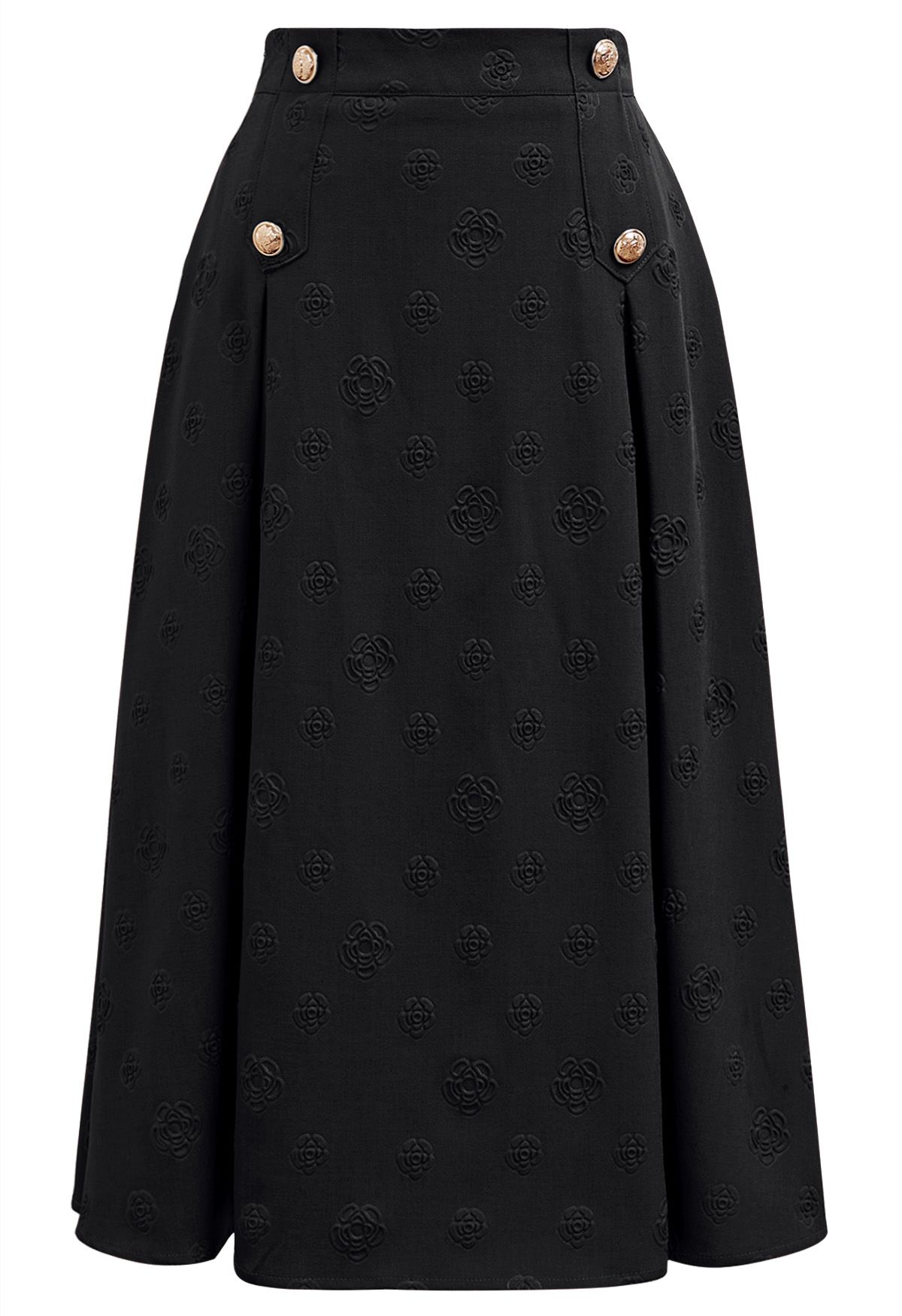 Embossed Rose A-Line Midi Skirt in Black