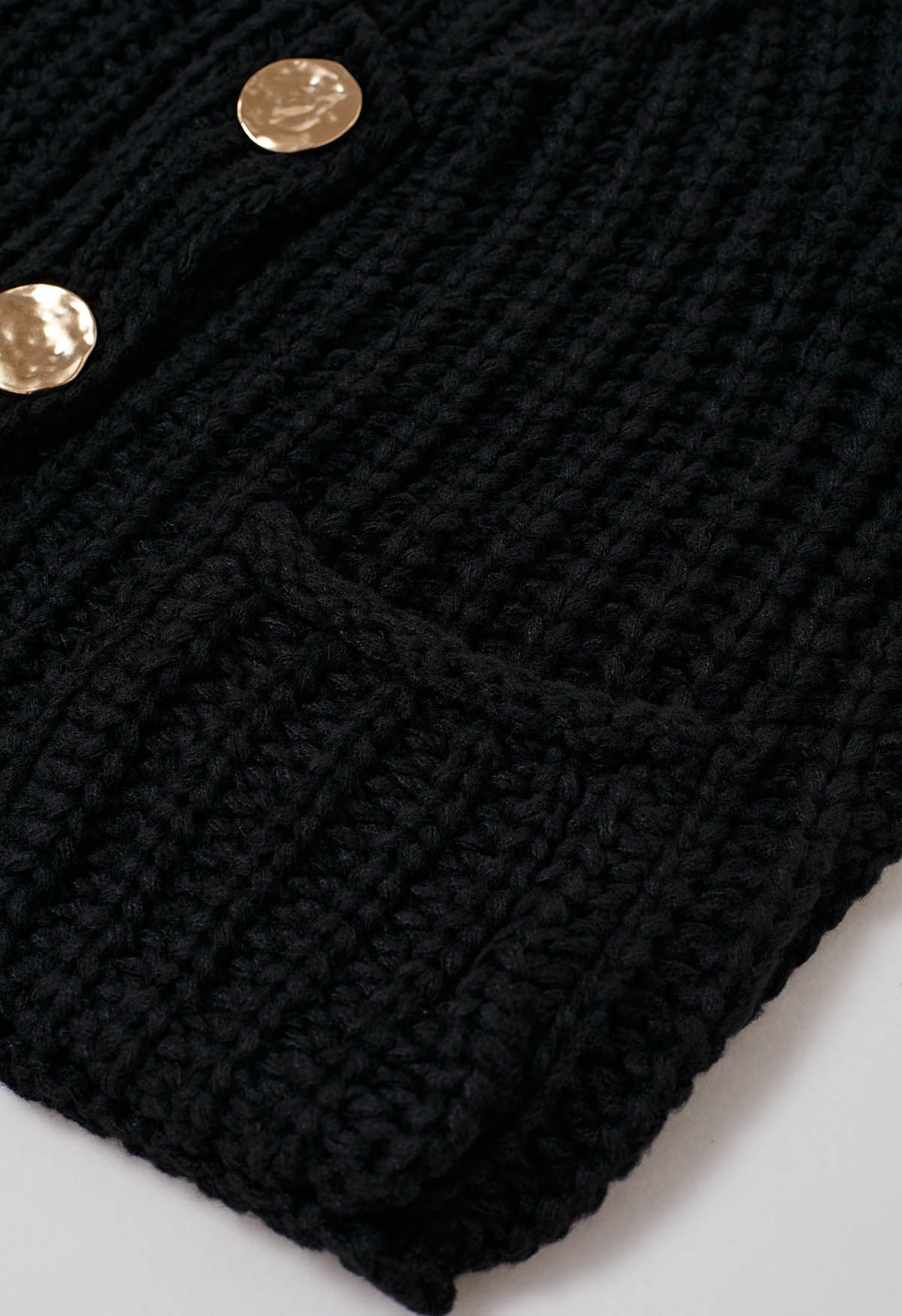 Bold Golden Buttons Patch Pocket Chunky Knit Vest in Black